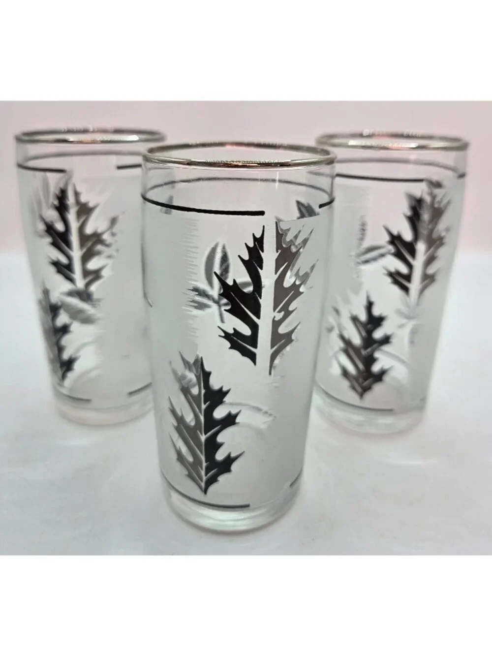 Vtg Silver Leaf Foliage Highball Glasses Metallic Rim 4